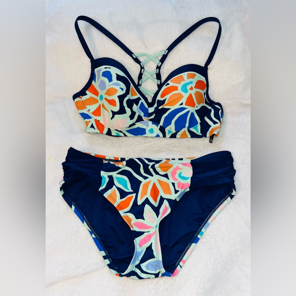 SKECHERS Floral Bikini Set Top sz L Bottoms Sz S